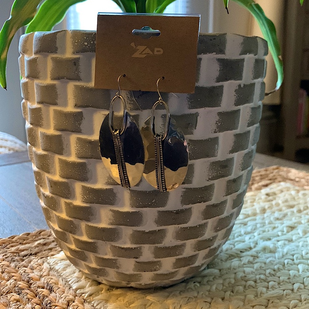 NWT. Silver dangly earrings. Hooks with backs. 1.75”x 1.25”